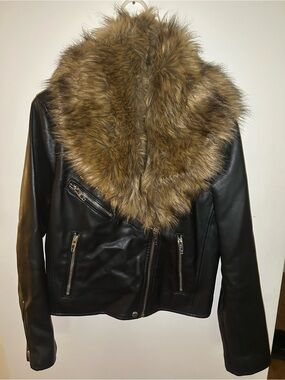 Blank NYC Black Faux Leather Jacket with Brown Faux Fur Collar